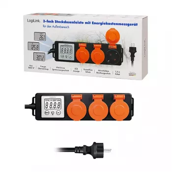 LogiLink Energy Cost Meter with 3 Outdoor Sockets, IP44, Schuko, 3680 W