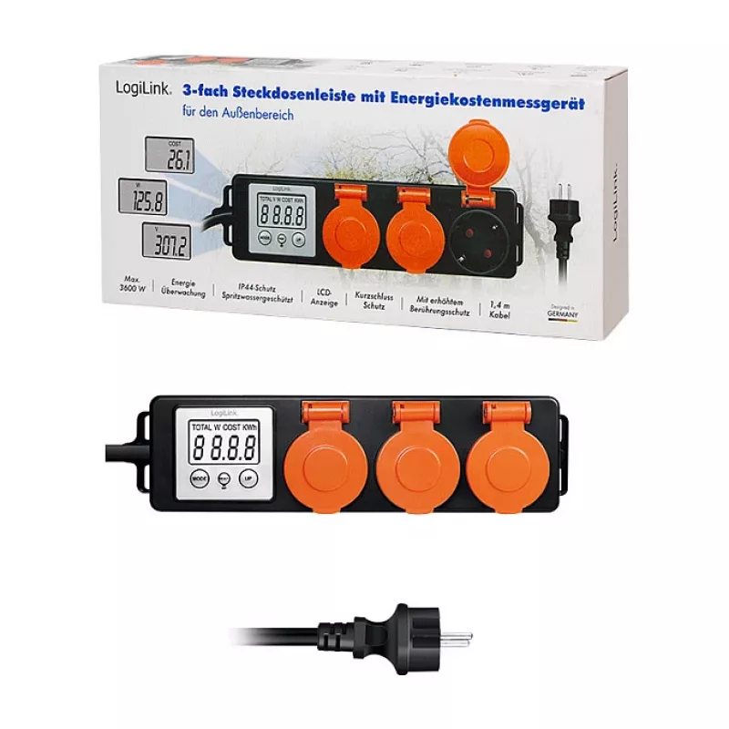 LogiLink Energy Cost Meter with 3 Outdoor Sockets, IP44, Schuko, 3680 W