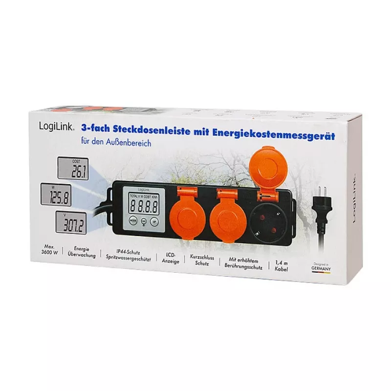 LogiLink Energy Cost Meter with 3 Outdoor Sockets, IP44, Schuko, 3680 W