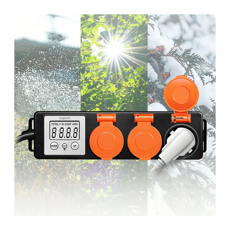 LogiLink Energy Cost Meter with 3 Outdoor Sockets, IP44, Schuko, 3680 W
