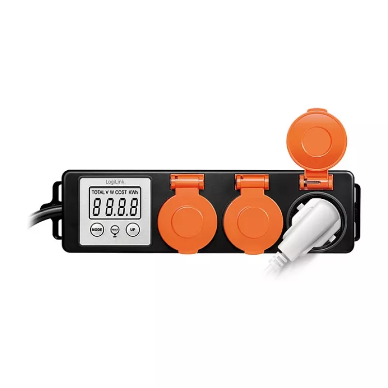 LogiLink Energy Cost Meter with 3 Outdoor Sockets, IP44, Schuko, 3680 W