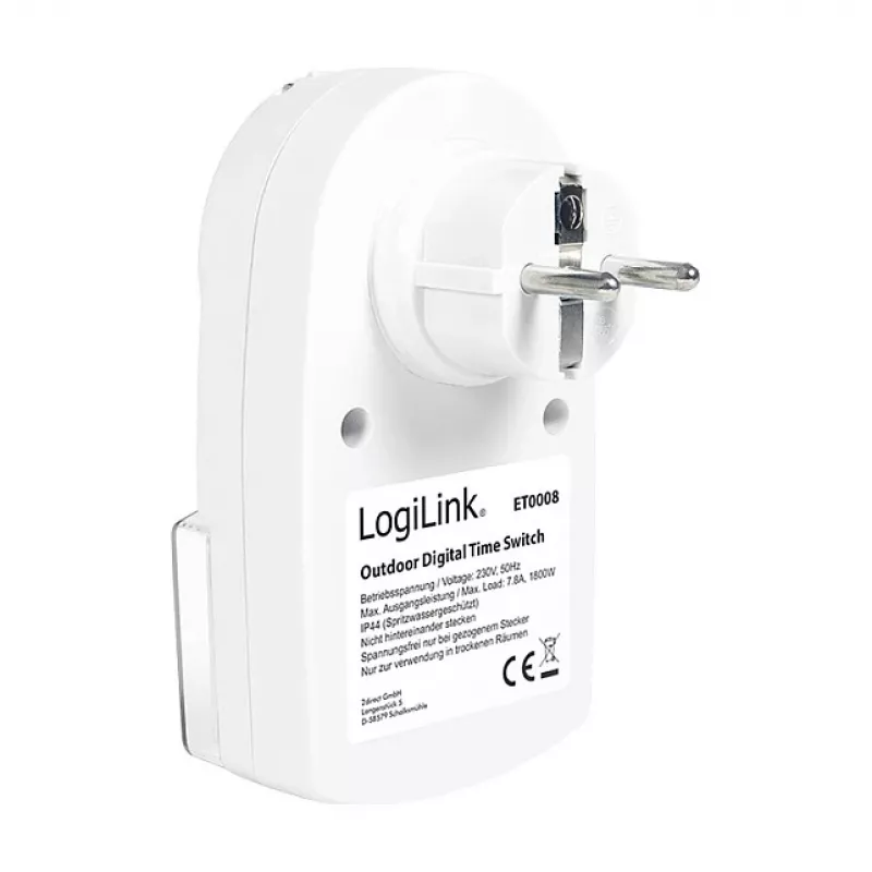 LOGILINK ET0008 Outdoor Digital Time Switch - IP44, 10 ON/OFF Programs, 16A/3680W, Schuko (Type F), Black/Grey