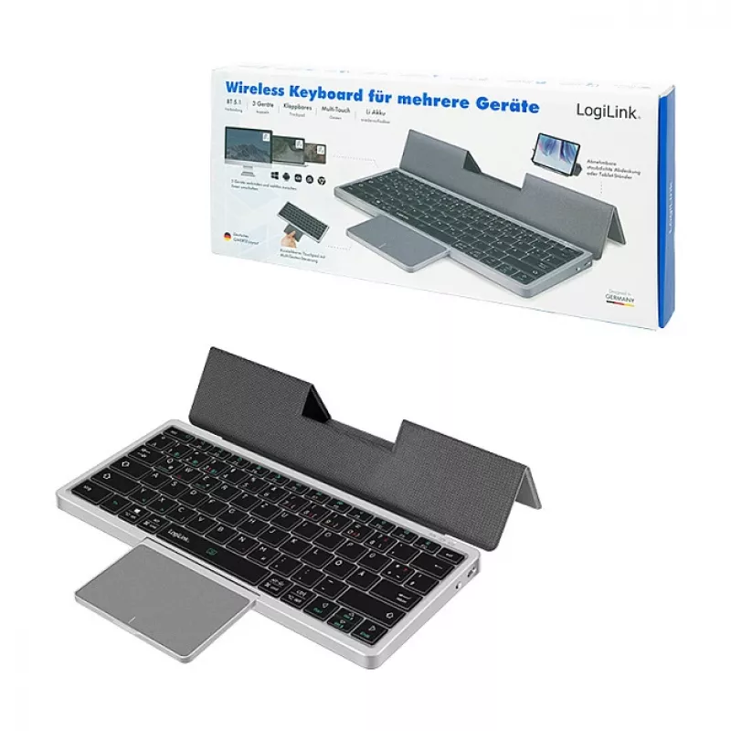 LogiLink ID0214 Wireless Keyboard with Touchpad, Bluetooth 5.1, 3-Channel, Grey