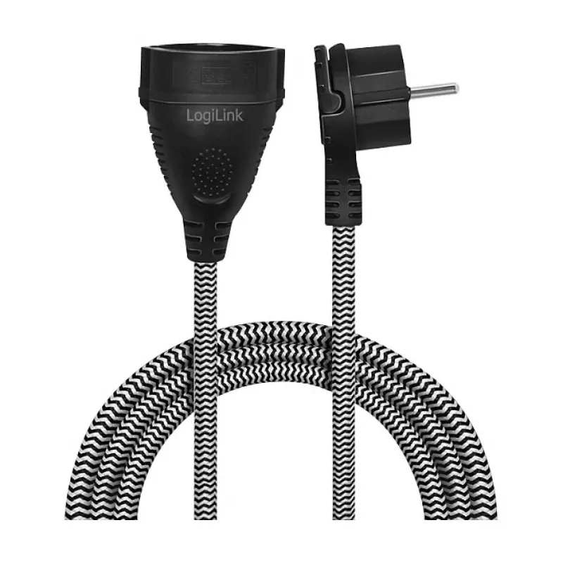 LogiLink LPS104 Power Extension Cable, CEE 7/7 to CEE 7/3, Textile Braided, Black/Grey, 3 m