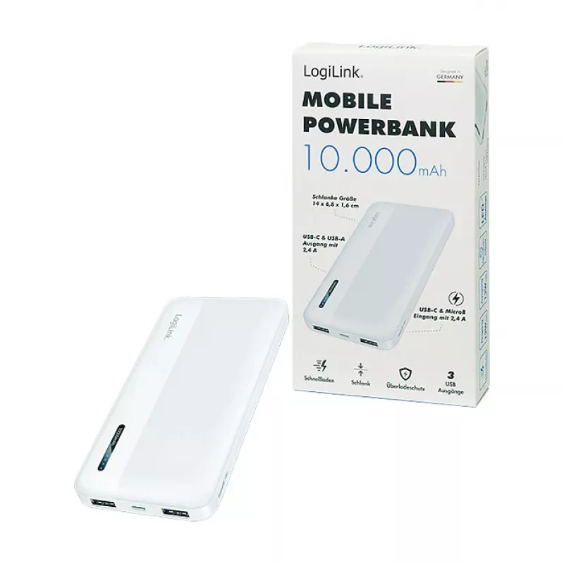 Logilink Mobile Power Bank, LiPo, 10000 mAh, USB-C in/out, White