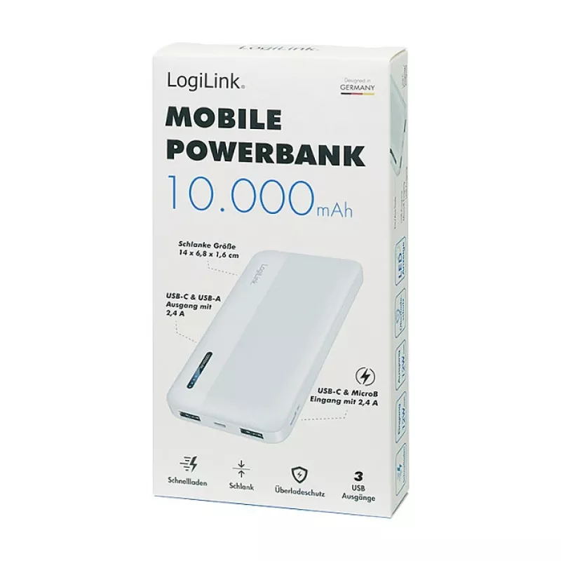 Logilink Mobile Power Bank, LiPo, 10000 mAh, USB-C in/out, White