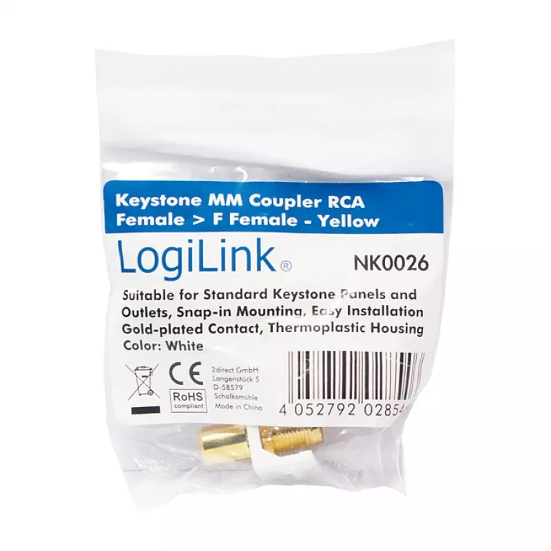 LogiLink NK0026 Keystone RCA Female to F Female Coupler Module, Yellow