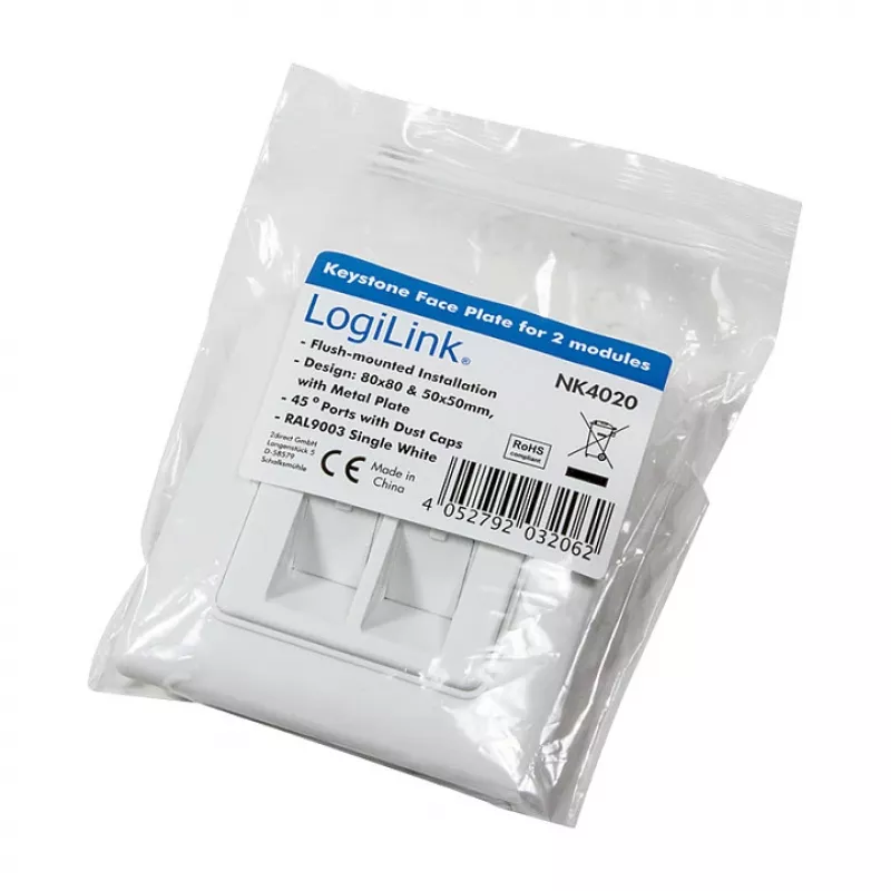 LogiLink NK4020 Keystone Wall Plate, Flush Mount, 2 Modules, Signal White