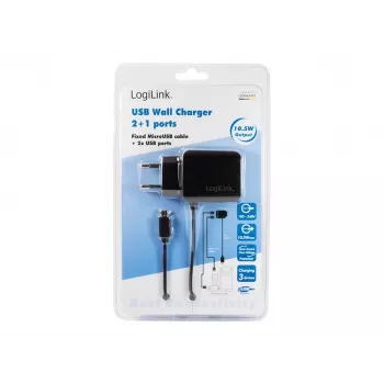 LogiLink PA0157 3-Port USB Wall Charger 10.5W with Integrated Micro-USB Cable, Black