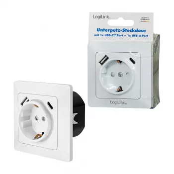 LOGILINK PA0253 Wall Socket with 1 Schuko Outlet, 1 USB-A and 1 USB-C Charging Port, 3.1A, White