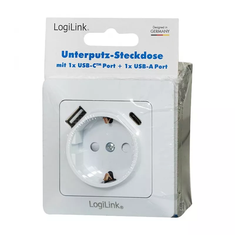 LOGILINK PA0253 Wall Socket with 1 Schuko Outlet, 1 USB-A and 1 USB-C Charging Port, 3.1A, White