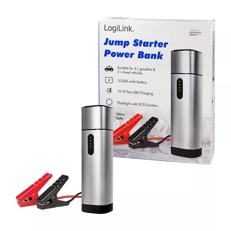 LogiLink PA0266 Car Jump Starter & Power Bank, 10000 mAh, 12V/400A Peak, USB-C PD, LED Flashlight
