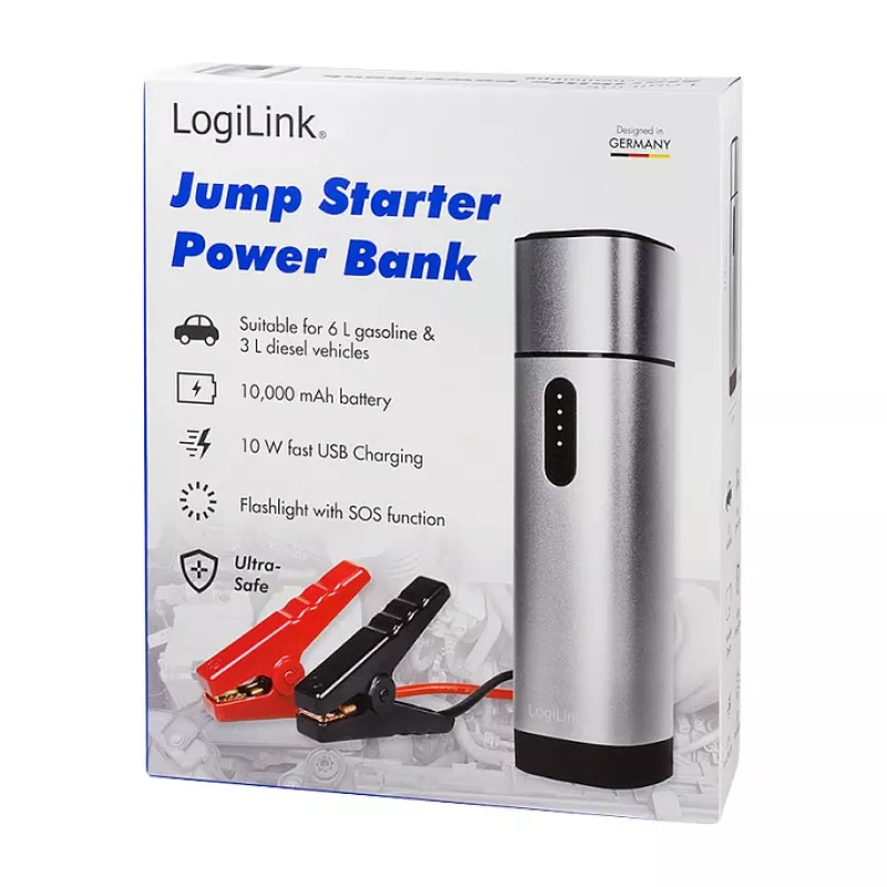 LogiLink PA0266 Car Jump Starter & Power Bank, 10000 mAh, 12V/400A Peak, USB-C PD, LED Flashlight