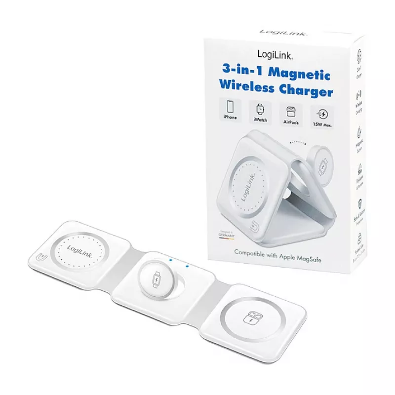 LOGILINK PA0344 Magnetic Wireless Charger 3-in-1 for Apple Devices, White, Foldable, MagSafe, 15W