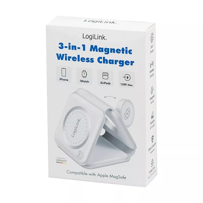 LOGILINK PA0344 Magnetic Wireless Charger 3-in-1 for Apple Devices, White, Foldable, MagSafe, 15W