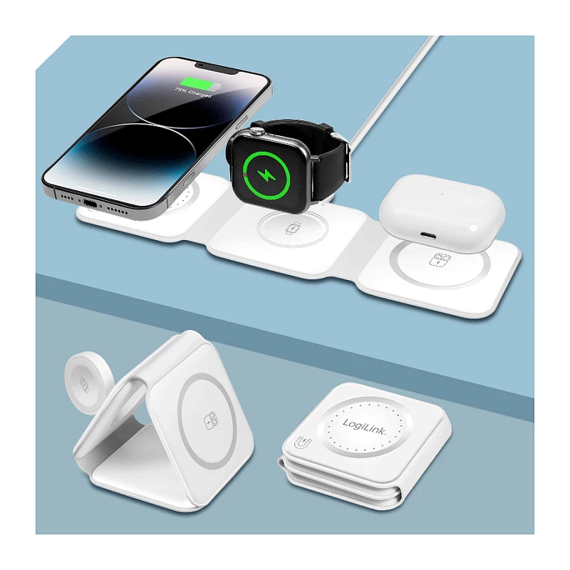 LOGILINK PA0344 Magnetic Wireless Charger 3-in-1 for Apple Devices, White, Foldable, MagSafe, 15W