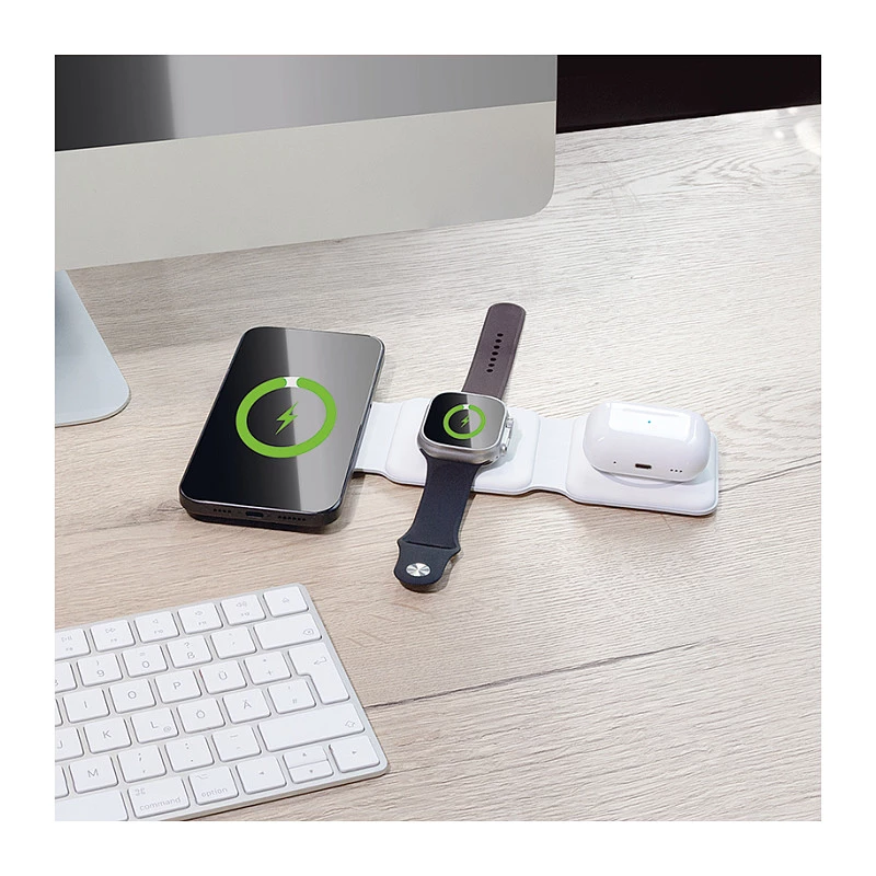 LOGILINK PA0344 Magnetic Wireless Charger 3-in-1 for Apple Devices, White, Foldable, MagSafe, 15W