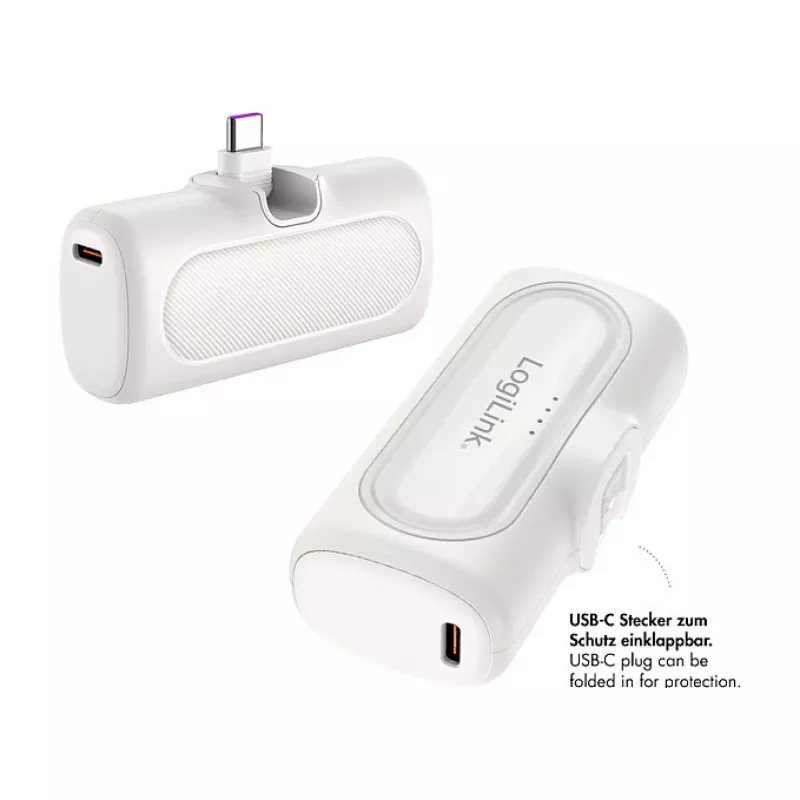 LogiLink PA0349W Mobile Power Bank, 5000 mAh, LiPo, Built-in Foldable USB-C Plug and USB-C Port, White