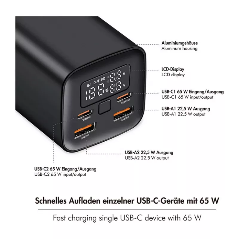 Logilink PA0350 Mobile Power Bank, 20,000 mAh, 65W PD & QC 3.0, Black