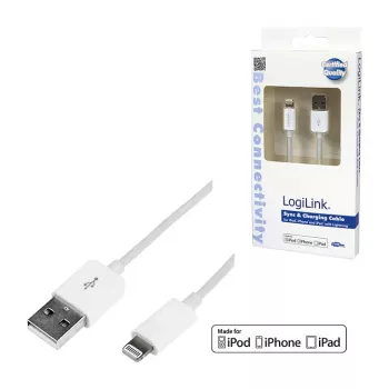 Logilink UA0199 Lightning Cable, MFI Certified, USB-A to Lightning 8-pin, White, 1m (Fast Charging & Sync)