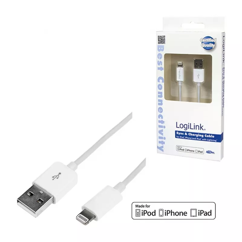 Logilink UA0199 Lightning Cable, MFI Certified, USB-A to Lightning 8-pin, White, 1m (Fast Charging & Sync)