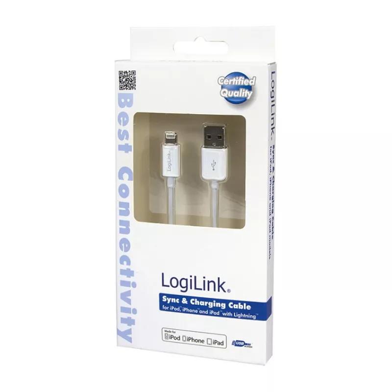 Logilink UA0199 Lightning Cable, MFI Certified, USB-A to Lightning 8-pin, White, 1m (Fast Charging & Sync)