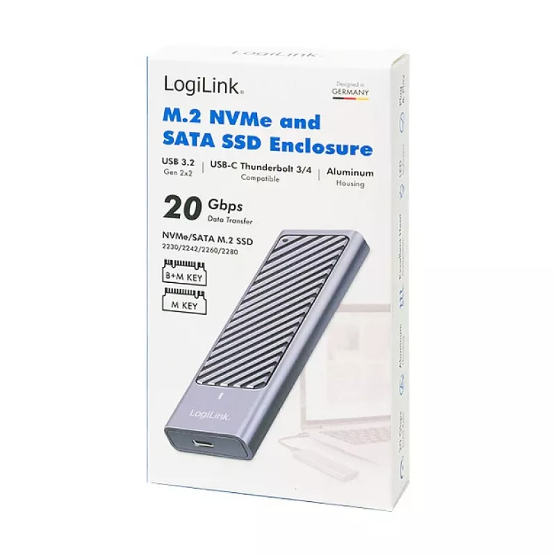 LogiLink UA0435 USB 3.2 Gen 2x2 SSD Enclosure, M.2 NVMe/SATA, USB-C, 20 Gbps, Grey