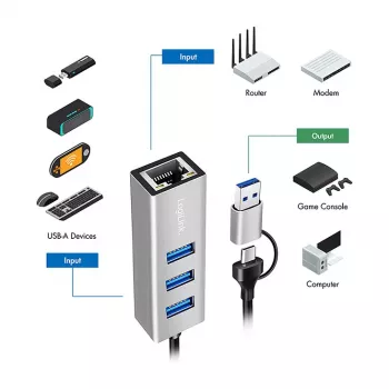 Logilink UA0440 USB 3.2 Gen 1 3-Port Hub with Gigabit Ethernet Adapter, USB-C and USB-A Connection, Aluminum