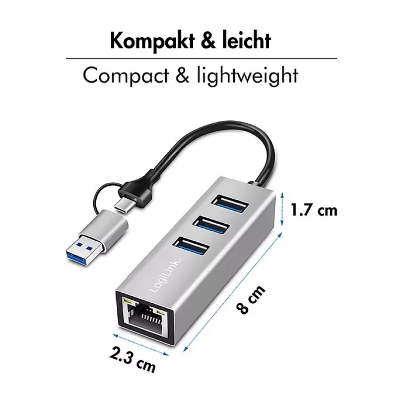 Logilink UA0440 USB 3.2 Gen 1 3-Port Hub with Gigabit Ethernet Adapter, USB-C and USB-A Connection, Aluminum