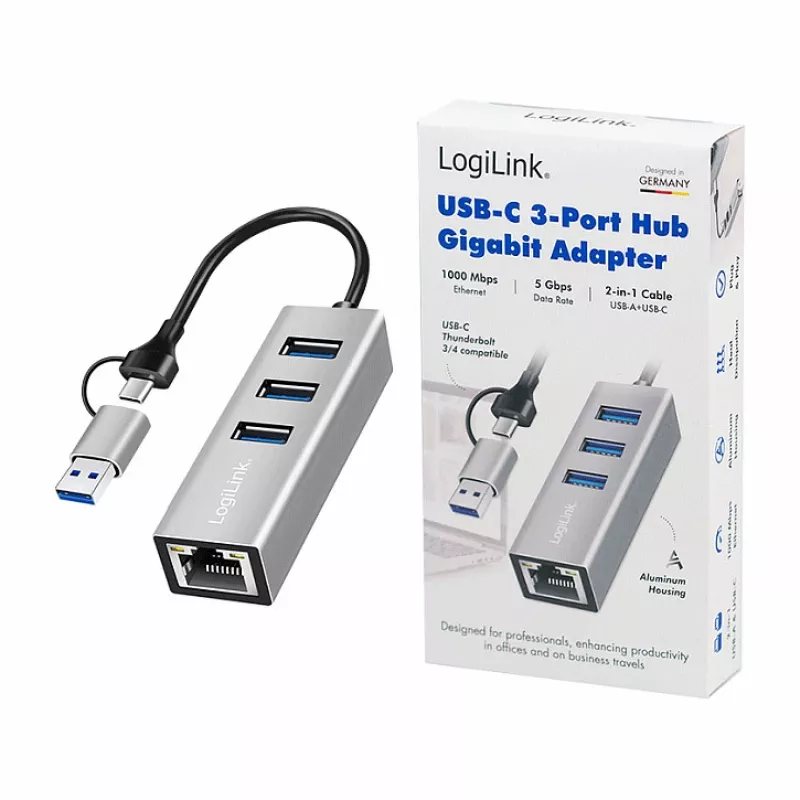 Logilink UA0440 USB 3.2 Gen 1 3-Port Hub with Gigabit Ethernet Adapter, USB-C and USB-A Connection, Aluminum