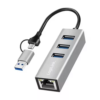 Logilink UA0440 USB 3.2 Gen 1 3-Port Hub with Gigabit Ethernet Adapter, USB-C and USB-A Connection, Aluminum