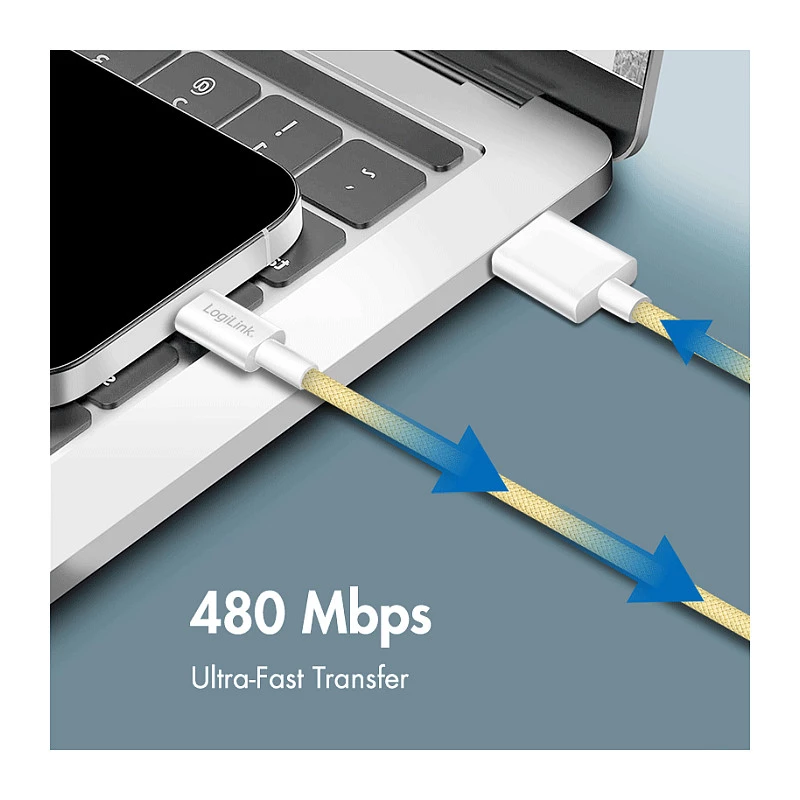 LogiLink USB 2.0 Type-C Cable, A/M to C/M, 480 Mbps, 60W, Nylon, Yellow, 0.5 m