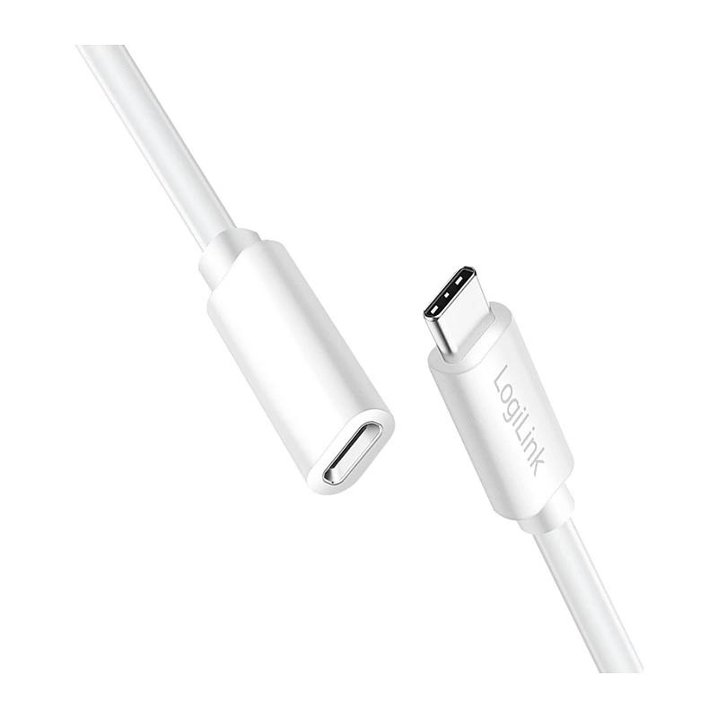 LOGILINK USB 2.0 Type-C Extension Cable – USB-C Male to Female, 480 Mbps, 100W Power Delivery, White, 1m