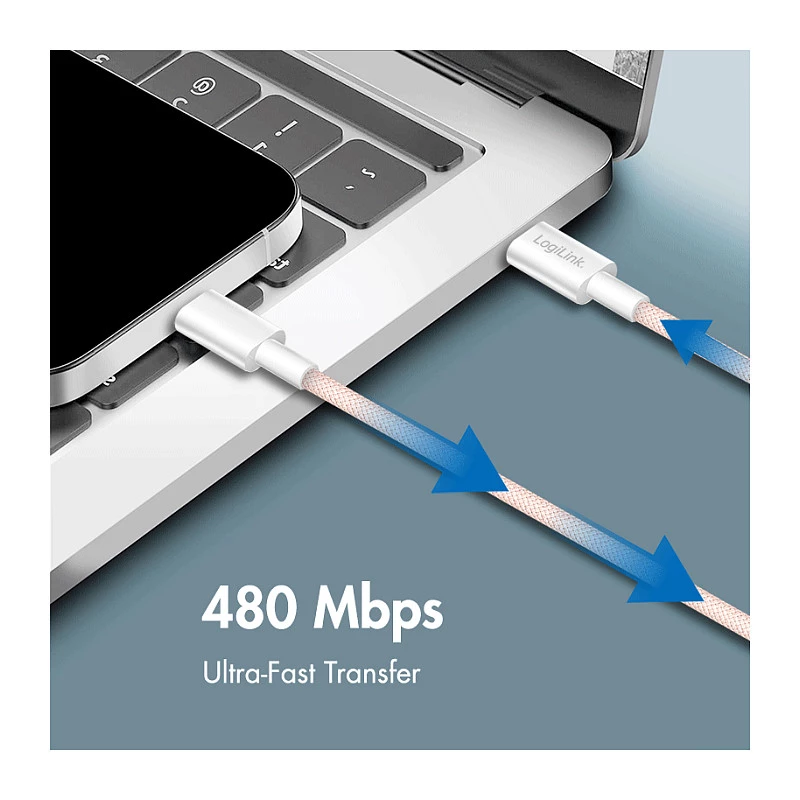 LogiLink USB 2.0 Type-C to Type-C Cable, 1m, 60W Power Delivery, Nylon Braided, Pink