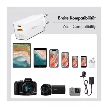 Logilink USB-A/C Charger 65 W GaN, 1x USB-A (QC), 1x USB-C (PD), White