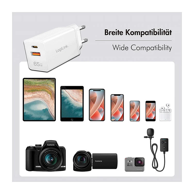 Logilink USB-A/C Charger 65 W GaN, 1x USB-A (QC), 1x USB-C (PD), White