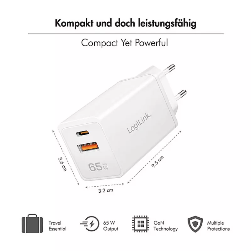 Logilink USB-A/C Charger 65 W GaN, 1x USB-A (QC), 1x USB-C (PD), White