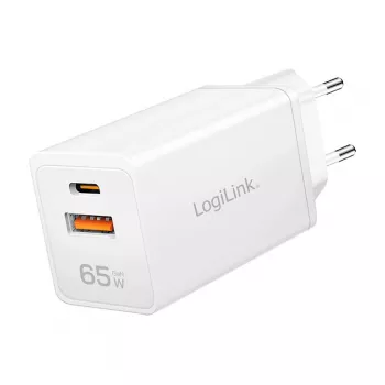 Logilink USB-A/C Charger 65 W GaN, 1x USB-A (QC), 1x USB-C (PD), White