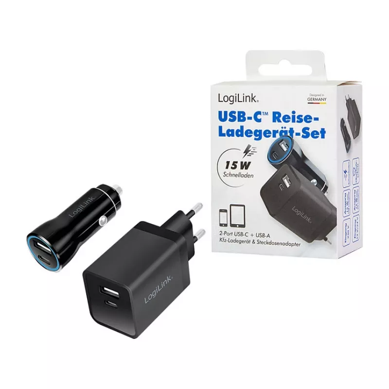 Logilink USB-A/C Charging Kit, 15 W, Each 1x USB-A, 1x USB-C, Black