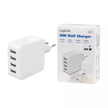 Logilink USB-A charger, 24 W, 4-port, 4x USB-A, White