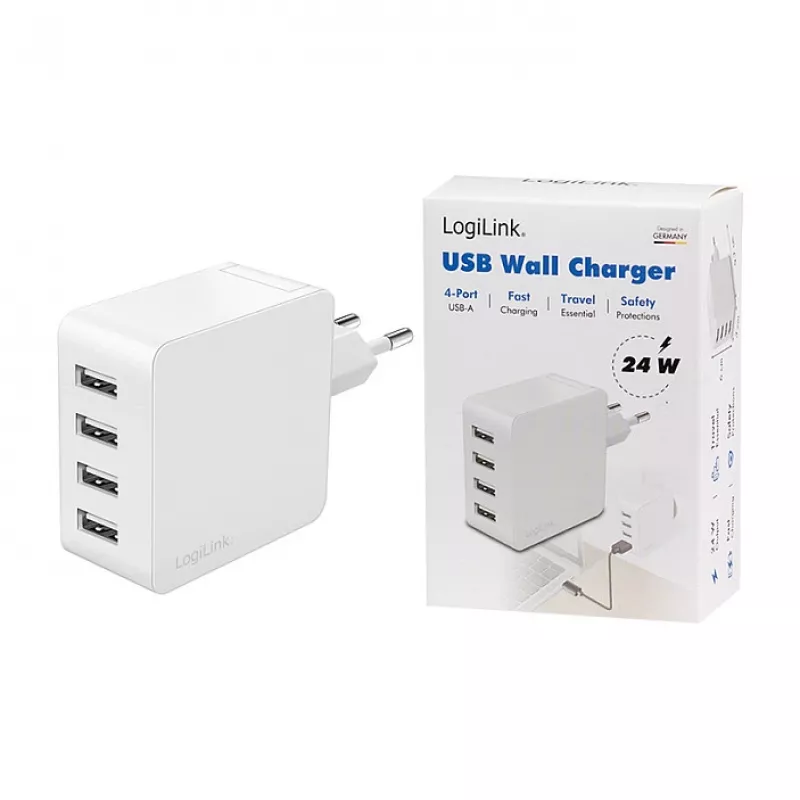 Logilink USB-A charger, 24 W, 4-port, 4x USB-A, White