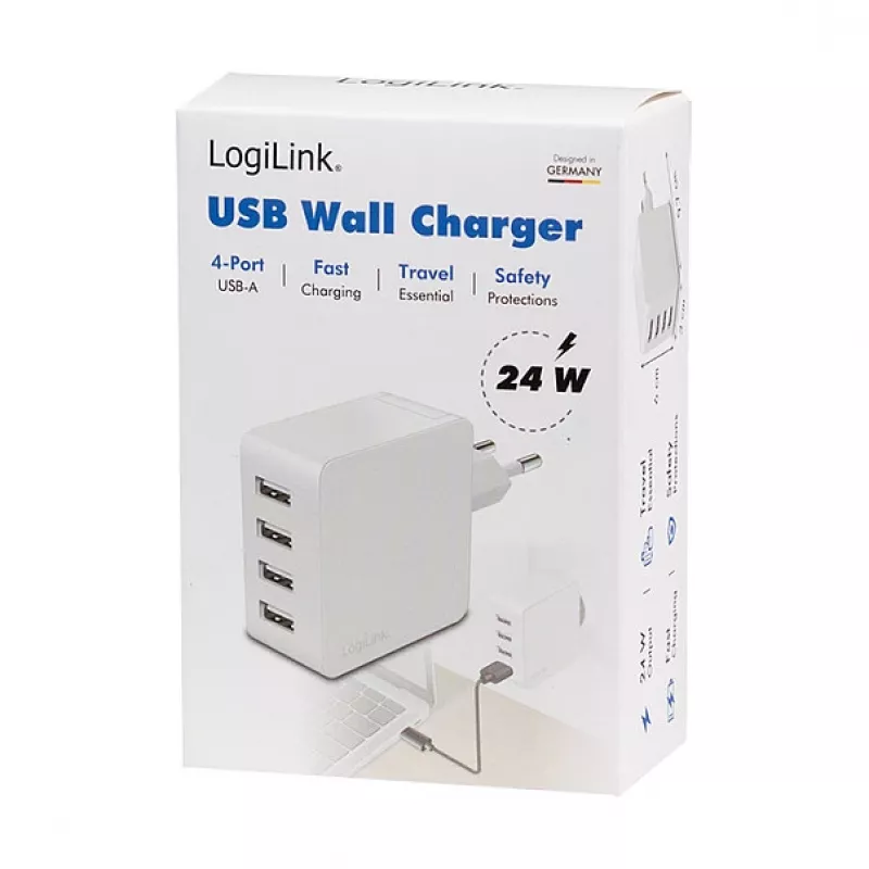 Logilink USB-A charger, 24 W, 4-port, 4x USB-A, White
