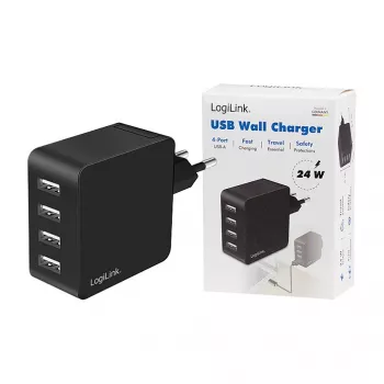 LogiLink USB-A Wall Charger, 24W, 4-Port, 4x USB-A, Black