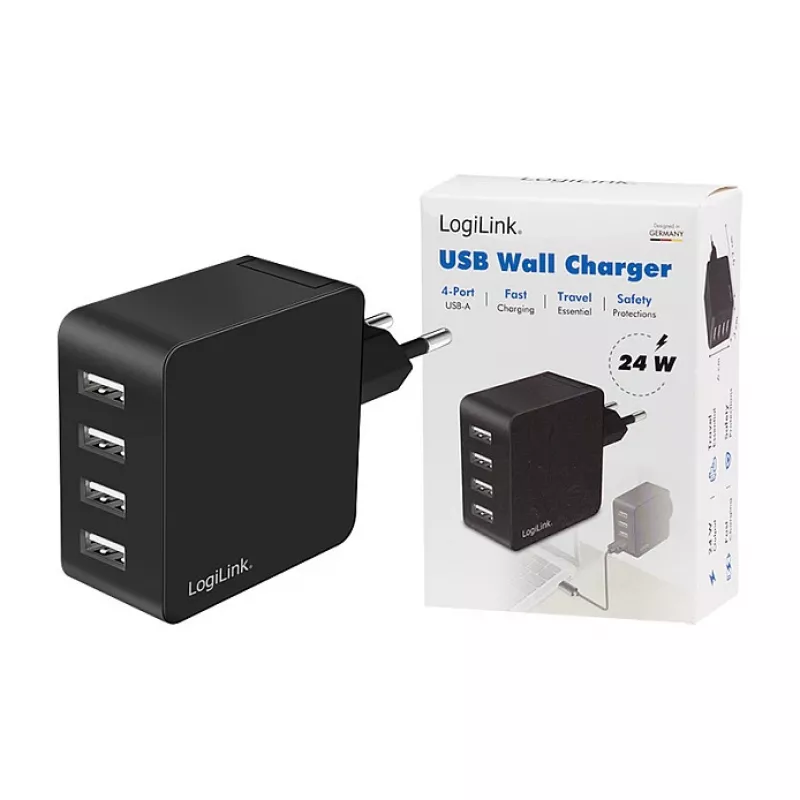 LogiLink USB-A Wall Charger, 24W, 4-Port, 4x USB-A, Black