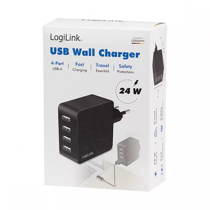LogiLink USB-A Wall Charger, 24W, 4-Port, 4x USB-A, Black