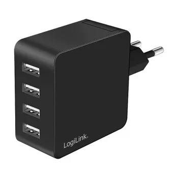 LogiLink USB-A Wall Charger, 24W, 4-Port, 4x USB-A, Black