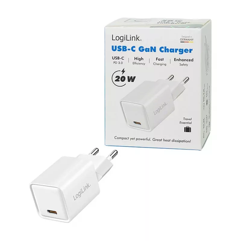 LogiLink USB-C Charger 20W GaN, 1-Port, USB Power Delivery, White