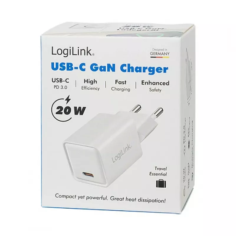 LogiLink USB-C Charger 20W GaN, 1-Port, USB Power Delivery, White