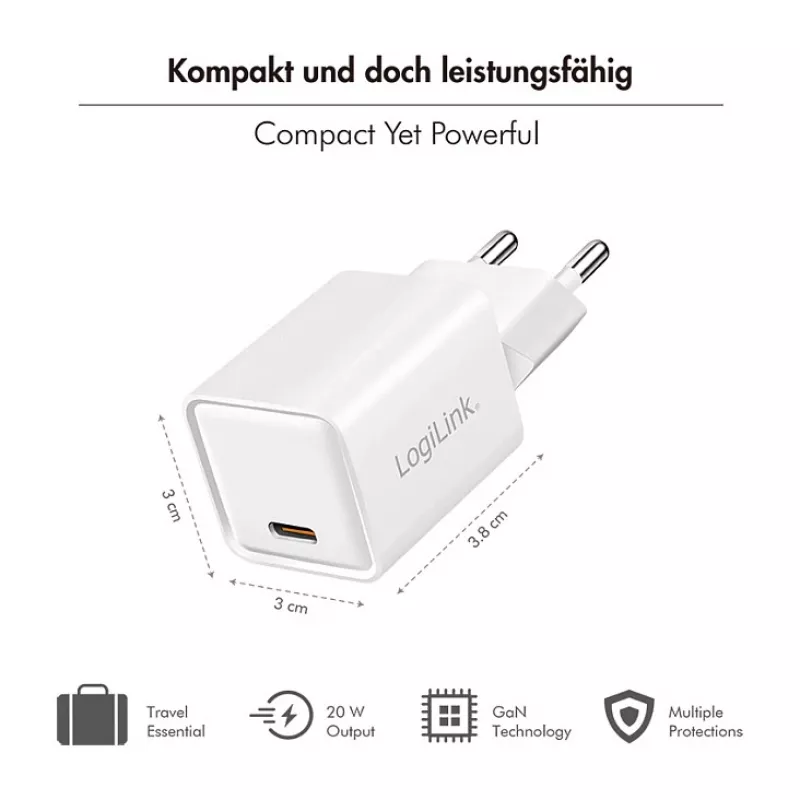 LogiLink USB-C Charger 20W GaN, 1-Port, USB Power Delivery, White