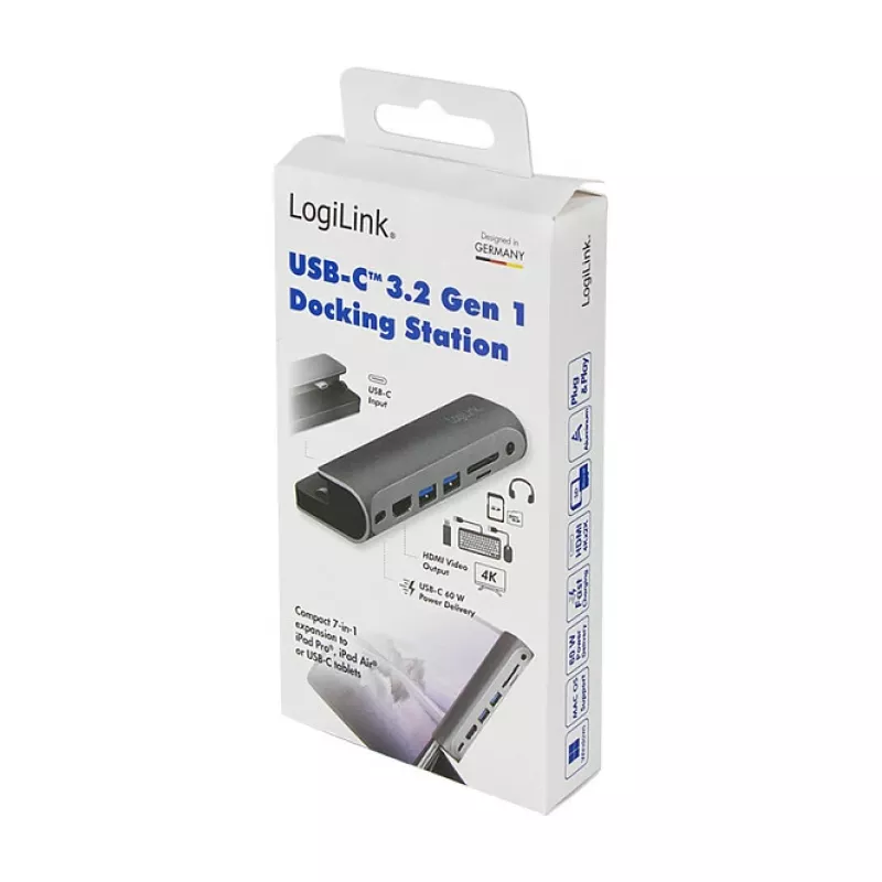 LOGILINK USB-C Docking Station, 7-Port, USB 3.2 Gen1, 100W PD, 4K HDMI, for iPad, Aluminium (UA0385)